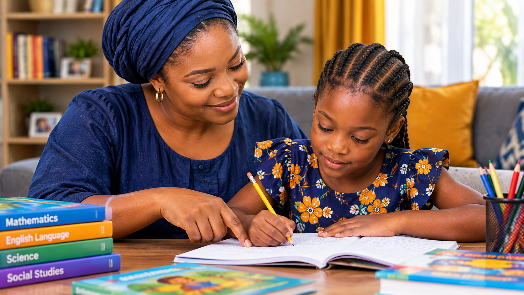 Nigerian parent and child learning together at home